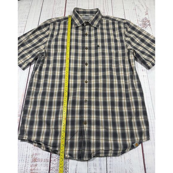 Carhartt Relaxed Fit Button Down Shirt Men Sz M Yellow plaid Short Sleeve Pocket - Picture 6 of 7